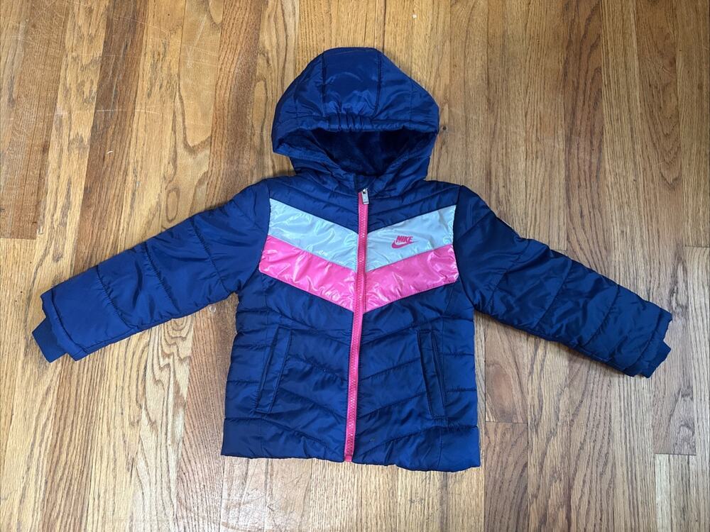 Nike Chevron Puffer Jacket Pink Girls Size 1-2 Years Coat Colorblock Winter 2T